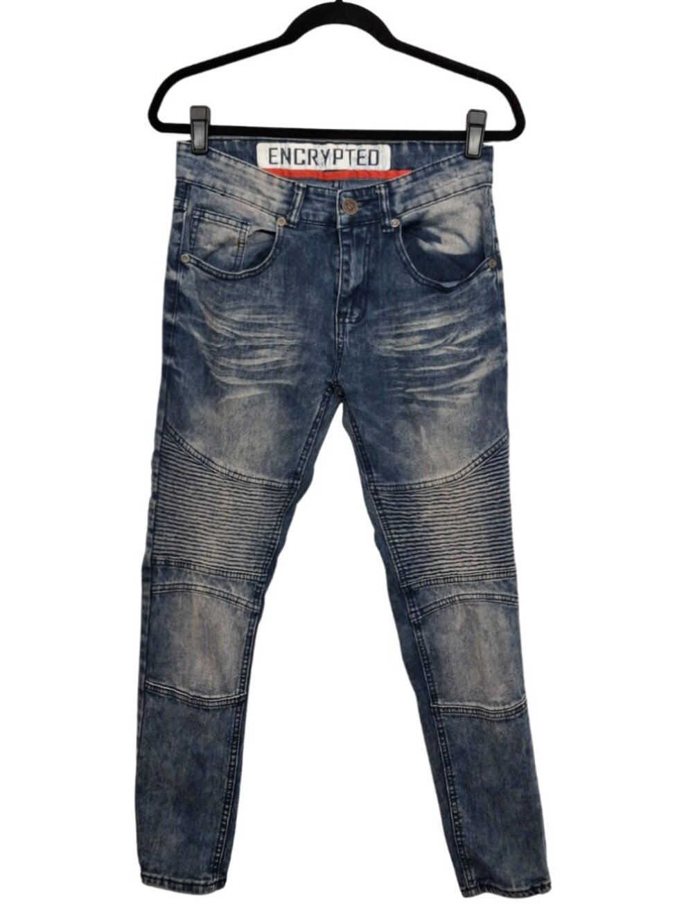 ENCRYPTED Moto Skinny Jeans Men's Blue Ribbed Knee Paneling 30/30